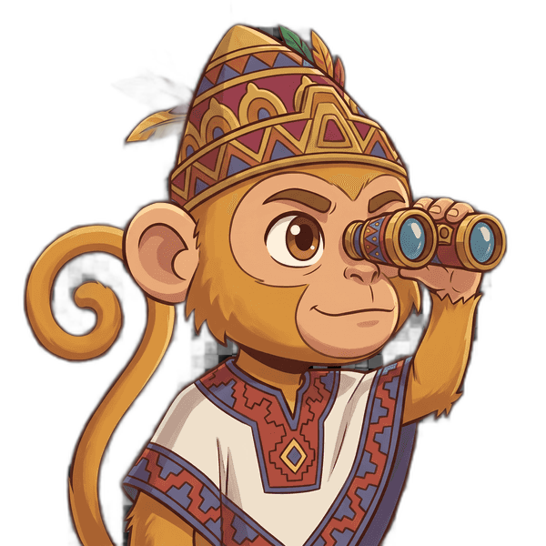 El personaje explorador de Inca Monkey mirando con binoculares hacia el botón