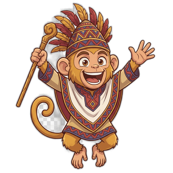 El personaje explorador de Inca Monkey celebrando con los brazos en alto