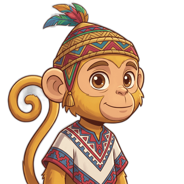 Inca Monkey explorer character looking at you with a soft smile