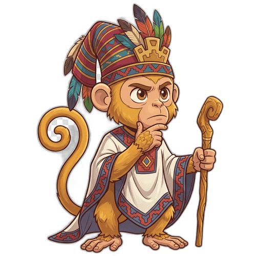 El personaje explorador de Inca Monkey con la mano en el mentón, pensando